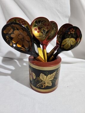 Vintage Khokhloma Russian Wood Spoons Holder Set Hand Painted Lacquerware Floral